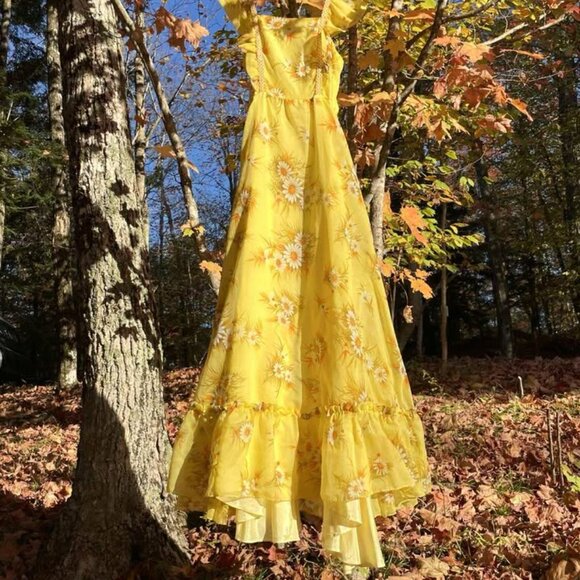 1960s Vintage Daisy Gown Dress Golden Yellow Floral Chiffon Dress Small Sz 4 - Picture 1 of 10